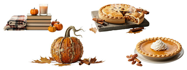 Cozy fall decor with candles and blankets, apple pie, decorative pumpkin, and pumpkin pie with whipped cream