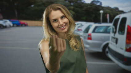 Woman gesturing beckoning with finger in a park, smiling and engaging with the camera, surrounded by parked cars and lush greenery on a sunny day.