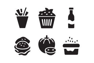 Collection of stylized food and drink icons in black and white