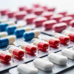 Closeup of red and blue capsules in blister packs