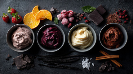 Bowl of ice cream in different flavors. A healthy, vegan nutrition concept for those seeking dairy-free, low-sugar, or vegan-friendly dessert options.