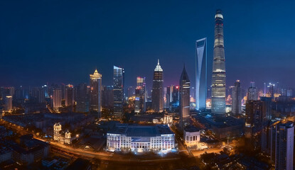 Naklejka premium Modern city skyline illuminated at night with tall skyscrapers