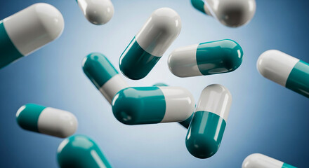 Teal and white capsules floating in the air with a blue gradient background