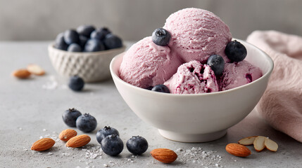 Bowl of ice cream with blueberries and almonds.. For those seeking dairy-free, low-sugar, or vegan-friendly dessert options. 