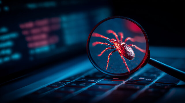 Detailed magnifier focuses on a crimson digital tick against blurred code, dramatizing vulnerability assessment and the relentless pursuit of hidden threats in cybersecurity auditing.
