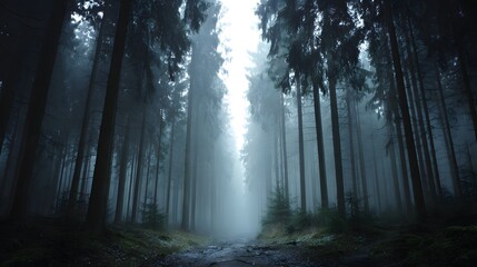 Fototapeta premium Misty path through a dark, dense forest.