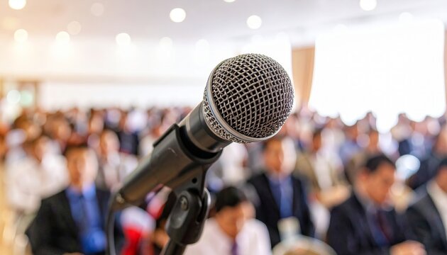 Close-up of microphone in focus with blurred background of conference hall filled with attendees. Professional seminar or business meeting atmosphere, modern event lighting and setup