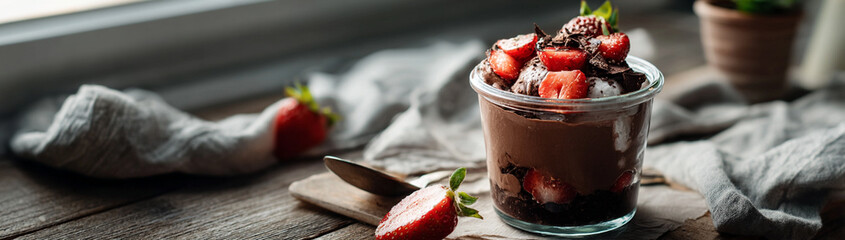 Silky chocolate creamy yogurt served with Strawberries. Beautifully composed for editorial use in food magazines, health columns, or gourmet recipe features.
