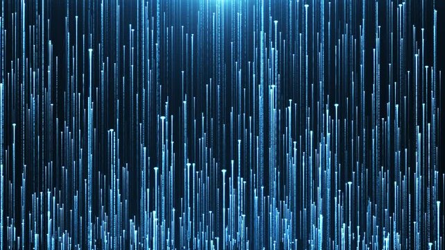 Futuristic blue glowing lines rise up on a dark background. Abstract vertical light stripes create a high-tech, cyber and digital atmosphere, movement of a stream of glowing bright lines 