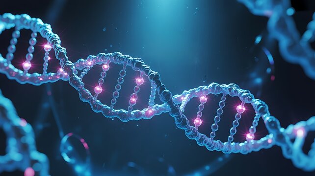 Close up of a glowing blue and purple dna double helix structure in a dark background