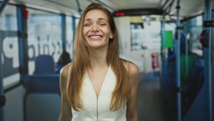 Young caucasian woman smiling with open mouth and pointing finger inside bus carriage on street;...