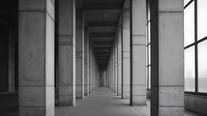 Obraz premium Monochromatic architectural perspective of a long corridor with concrete pillars