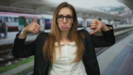 Woman holds thumbs up and thumbs down near a stationary train at an outdoor railway building...