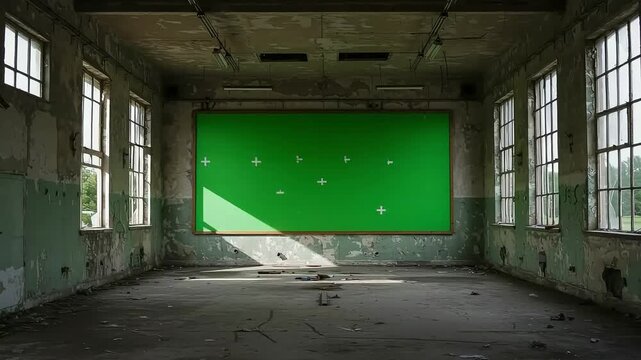 An empty abandoned room with a green screen offers versatile backgrounds