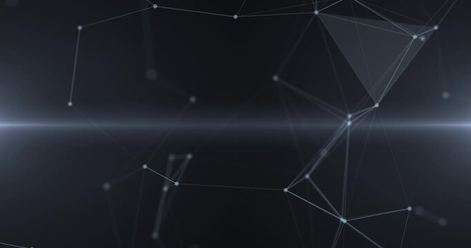 Abstract dark background with plexus lines and glowing nodes forming a digital network. dots and triangles, digital technology, big data, high-speed connection visualization. Seamless loop - Powered by Adobe