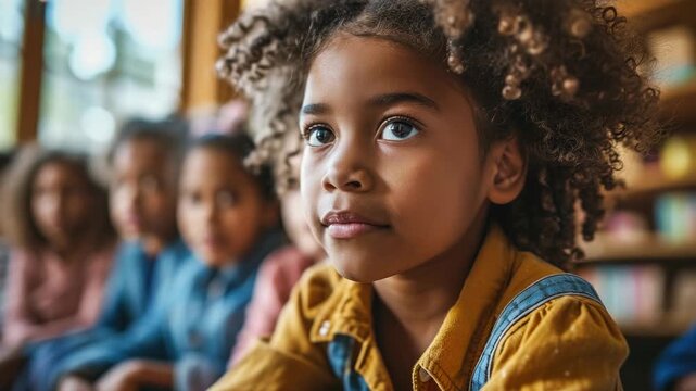 Young girl with curly hair listens attentively during storytelling session at a community center in the afternoon