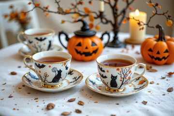 Elegant Halloween Themed Tea Party with Delicate Teacups and Decor