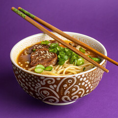 Delicious beef ramen with noodles and scallions, ready to be enjoyed with wooden chopsticks.