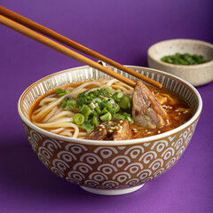A vibrant bowl of Asian comfort food: savory ramen topped with fresh green onions and meat.