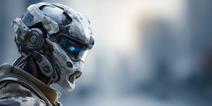 Dynamic 3D futuristic cybernetic soldier with chrome armor and glowing digital heads-up display in urban environment
