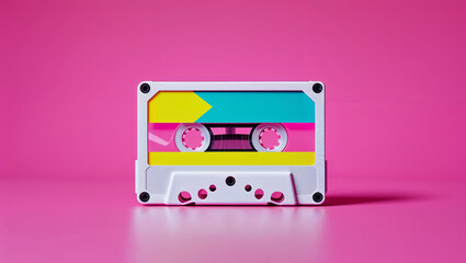 Obraz premium Colorful Cassette Tape on Pink Background for Nostalgia