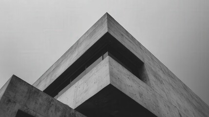 Striking low-angle view of a modern concrete building, showcasing its brutalist architecture, sharp geometric angles, and minimalist design against a grey sky.