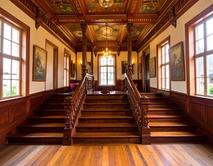 Grand wooden staircase in a historical building