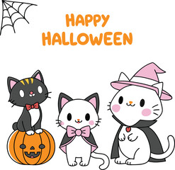 Cute Halloween Animals Cartoon Set - Kawaii Cat in Skeleton Costume, Pumpkin, and Friends Vector Illustration