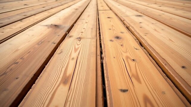 Close up view of a wooden deck with visible wood grain and knots in the planks surface