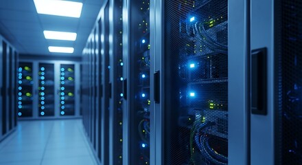 Photo of server room with rows of computer racks and blue lights in a data center