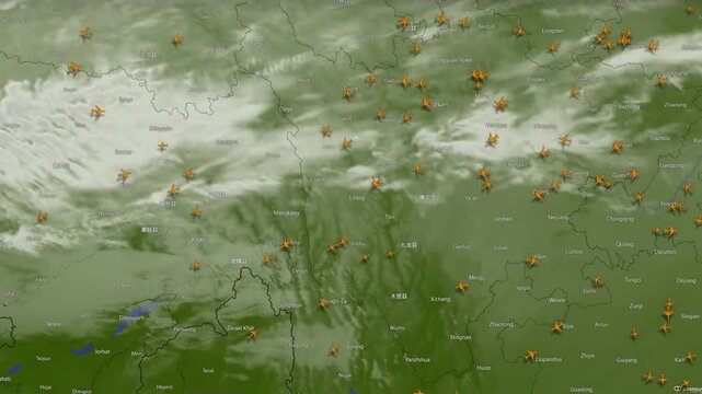 Aviation Radar View of Flights Over China. Green radar-style map of China with city names and animated plane silhouettes. Air traffic visualization.