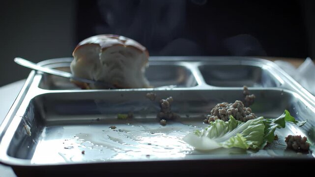 Depressing Stainless Steel Food Tray with Bread and Lettuce in a Jail