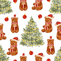 Christmas pattern with cute bears, gift boxes, Christmas trees and red ornaments. Vector illustration