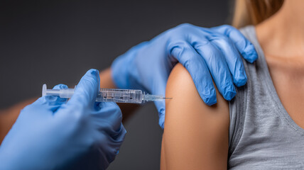 Gloved medical hands administering a vaccine injection into a patient’s arm, expressing immunization prevention public safety and the collaborative effort to stop infectious diseases.
