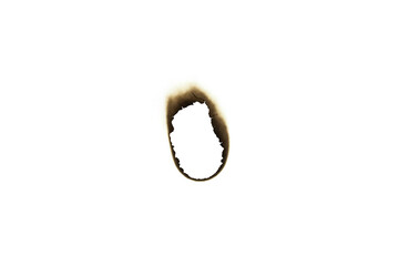 Burnt paper hole design element. A scorched, grunge texture frame for a distressed effect, isolated on white background with clipping path.