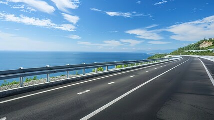 Fototapeta premium Highway Horizons: Dynamic Picture of Asphalt Highway – Smooth Black Pavement Cutting Through Green Fields and Distant Hills, Yellow Center Lines, Roadside Guardrails, and Trucks Speeding Under a Cloud