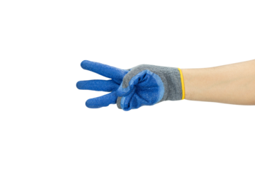Worker's hand in a blue safety glove showing three fingers. A concept for counting or signals in construction, isolated on white background with clipping path.