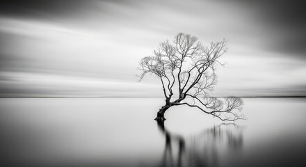 Obraz premium Lone Gnarled Tree Stands in Calm Water Under Cloudy Sky and White nature