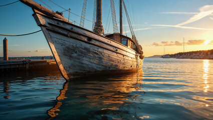 Wooden Ship in Water at Sunset with Scenic View