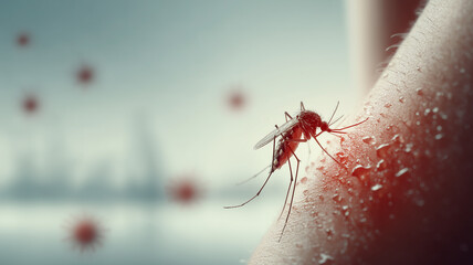 Macro mosquito feeding on skin with floating viral particles, representing vector borne disease transmission global health risk prevention and the need for public protection.
