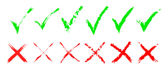 Green check mark and red cross icon set, circle and cross. Tick symbol in green color. Hand drawn checkmark and cross illustration. right and wrong