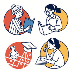 Illustration of students reading books and science elements isolated on white background