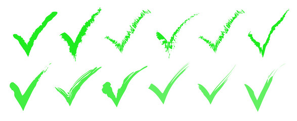 Green check mark icon set, click and right. Tick symbol in green color. Hand drawn checkmark illustration. Vector illustration