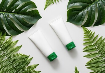 Two white cosmetic tubes with green caps surrounded by lush green leaves image