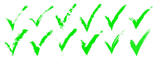 Green check mark icon set, click and right. Tick symbol in green color. Hand drawn checkmark illustration. Vector illustration
