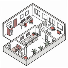 Vector art of isometric office interior with furniture and plants isolated on white background