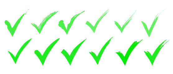 Green check mark icon set, click and right. Tick symbol in green color. Hand drawn checkmark illustration. Vector illustration