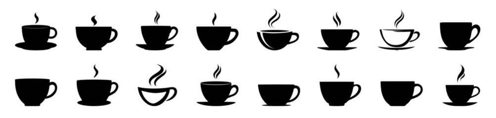 silhouette of various cup of coffee with steam