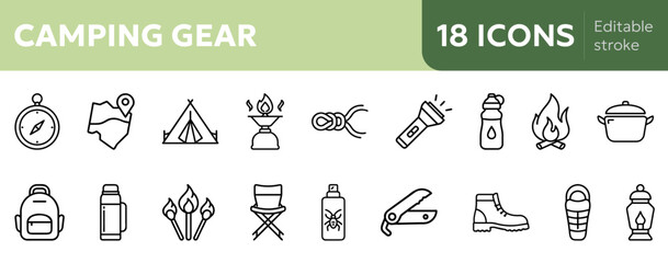 Camping gear icon set, featuring variety of essential items