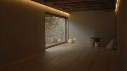 Empty yoga room with wooden floors and large window, with defocused light creating a tranquil ambiance, highlighting a serene, blurred, and minimalist interior design.